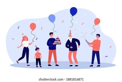 Feliz familia celebrando el cumpleaños del abuelo. Niño, pastel, ilustración vectorial plana de globo. Concepto de celebración y vacaciones para banner, diseño de sitio web o página web de aterrizaje