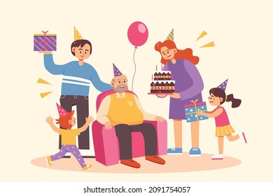 Happy family celebrating grandfather birthday