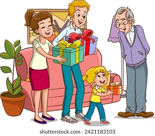 A happy family celebrating grandfather's birthday. Vector illustration in cartoon style.