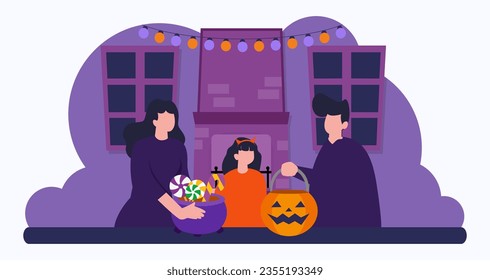 Happy Family Celebrating Halloween With Father ,Mother And Daughter 