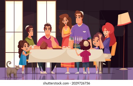 Happy Family Celebrating Jewish Holiday Hanukkah With Traditional Food At Home Cartoon Vector Illustration