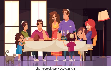 Happy family celebrating jewish holiday hanukkah with traditional food at home cartoon vector illustration