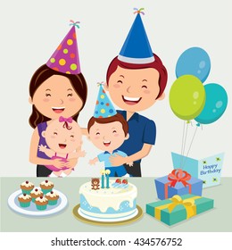 Happy family celebrating kid birthday. Vector illustration of family celebrating boy birthday.