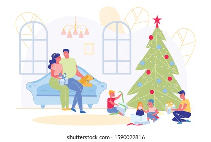 Happy Family Celebrating New Year or Christmas Holidays at Home with Beautiful Decorated Fir Tree. Parents Sitting on Couch with Dog, Children Playing and Open Gifts. Cartoon Flat Vector Illustration