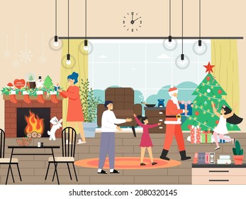 Happy family celebrating New Year night at home with Santa Claus, gifts, decorated Christmas tree, fireplace, vector.