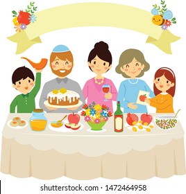 Happy Family Celebrating Rosh Hashanah Or The Jewish New Year In A Traditional Dinner With The Holiday Symbols.