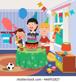 Happy Family Celebrating Sons Happy Birthday. Boy with Dog. Vector illustration