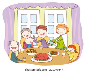  Happy family celebrating Thanksgiving Day.