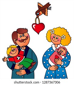 Happy family is celebrating their love. Mother, father and 2 children. Colored vector for card or gift. 