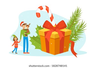 Happy Family Celebrating Winter Holidays, Tiny Father and his Kids with Huge Gift Box, Merry Christmas and Happy New Year Cartoon Vector Illustration