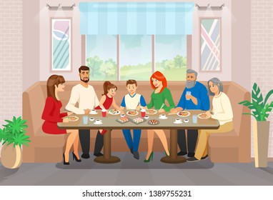 Happy Family Celebration And Sparetime. Parents, Grandparents And Kids Sitting Around Table Celebrating Anniversary, Birthday, Visiting Cafe For Meeting. Sweet Moment. Cartoon Flat Vector Illustration