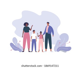 Happy family character concept. Vector flat male and female people illustration. Couple of african american mother and father with son and daughter kids together. Man and woman persons of relatives.