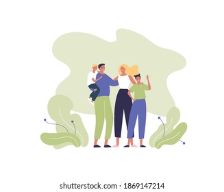 Happy family character concept. Vector flat male and female people illustration. Couple of blond mother and hispanic father holding and hug son with kids together. Man and woman parent person.