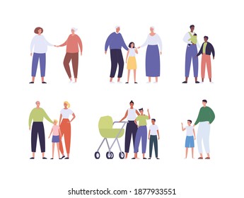 Happy family character concept. Vector flat men and women people illustration set. Collection of different old and young diverse parent, grandparent and child illustration. Pram and ling baby carrier