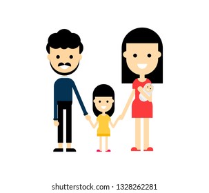 Happy family character. Father, mother ,baby and daughter together. Cartoon style Isolated on white background. Vector Illustration.