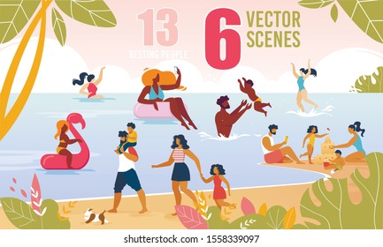 Happy Family Character Resting on Beach Vector Scenes Set. Multiracial Adult People, Children Relaxing near Water, Walking, Building Sand Castle, Swimming with Rubber Rings. Cartoon Flat Illustration