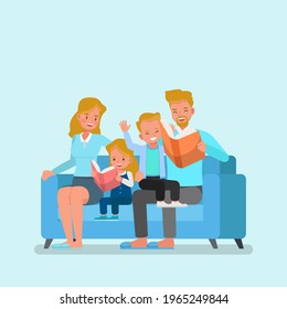Happy family character vector design. Father, mother, son and daughter reading a book together.