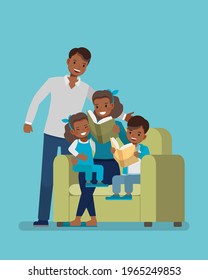 Happy family character vector design. Father, mother, son and daughter reading a book together.