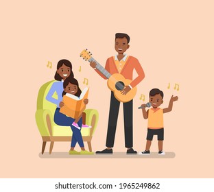 Happy Family Character Vector Design. Father And Son Playing Guitar. Mother And Daughter Sing The Song Together.