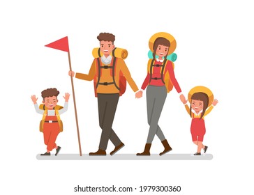 Happy family character vector design. Father mother son and daughter go to camping.