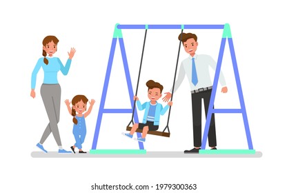 Happy family character vector design. Father mother son and daughter playing at the playground.