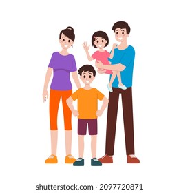 Happy family character vector design set. Father, mother, son and daughter together. Parents stand and smile happily with children.