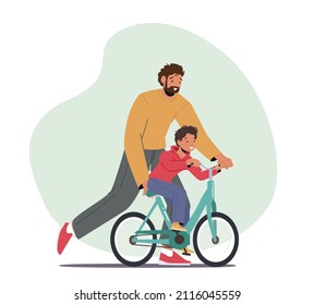 Happy Family Characters Activity. Caring Dad Teaching Son To Ride Bike For The First Time. Father Teach Kid Boy Cycling Outdoor. Parenting, Fatherhood Concept. Cartoon People Vector Illustration