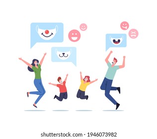 Happy Family Characters Adult Parents and Children Wearing Funny Kids Masks with Animal Muzzles for Protection of Coronavirus Cells or Dust. New Normals of Life. Cartoon People Vector Illustration