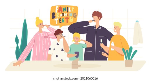 Happy Family Characters Brush Teeth. Parents and Children Dental Care, Oral Hygiene in Bathroom. Mother, Father and Kids with Toothbrush and Paste Brushing Teeth. Cartoon People Vector Illustration