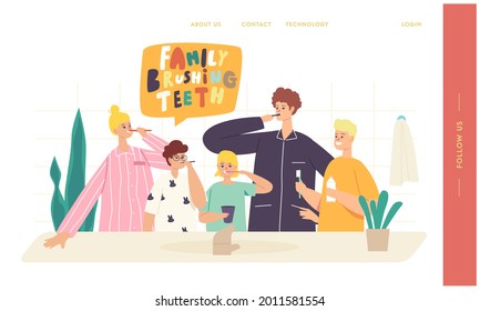 Happy Family Characters Brush Teeth Landing Page Template. Parents and Children Dental Care in Bathroom. Mother, Father and Kids with Toothbrush and Paste. Cartoon People Vector Illustration