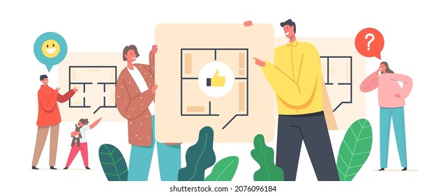 Happy Family Characters Choose Apartment Layout. Mother, Father and Kids Discuss New Home Plan with Rooms Location. People Buying Living Property, Accommodation Blueprint. Cartoon Vector Illustration