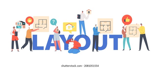 Happy Family Characters Choose Apartment Layout Concept. Mother, Father and Kids Discuss New Home Plan with Rooms Location. People Buying Property Poster, Banner or Flyer. Cartoon Vector Illustration