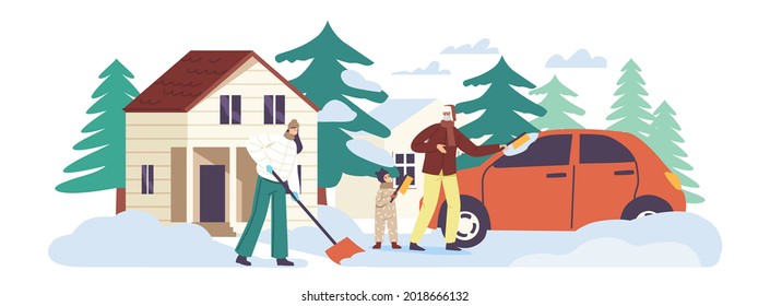 Happy Family Characters Clean Home Yard Steps and Car from Snow. Man and Girls Remove Snowdrift with Shovels or Brushes Cleaning Snow from Front Yard after Snowfall. Cartoon People Vector Illustration