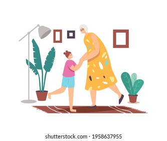 Happy Family Characters Dance at Home, Weekend Sparetime, Leisure. Little Girl and Granny Rejoice Together Holding Hands Dancing Move Body at Music Rhythm. Cartoon People Vector Illustration