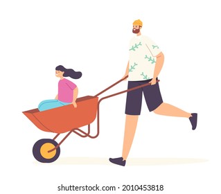 Happy Family Characters Father and Daughter Having Fun All Together, Dad Riding Girl in Wheelbarrow. People Gardening, Cleaning Backyard, Spend Time Together on Weekend. Cartoon Vector Illustration