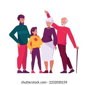 Happy Family Characters Father, Daughter, Grandfather and Grandmother. Children, Parents and Grandparents Generations Together Isolated On White Background. Cartoon People Vector Illustration