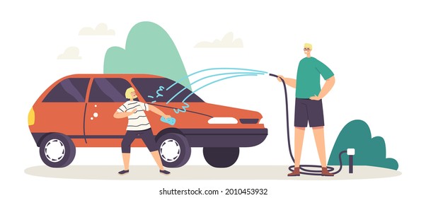 Happy Family Characters Father and Little Son Having Fun, Splashing Water from Hose while Washing Car at Cottage Back Yard. Weekend Chores, Household Activity. Cartoon People Vector Illustration