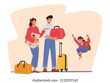 Felices personajes familiares, padre, madre e hijo con maletas y bolsos de vacaciones o prepararse para visitar a los abuelos. Joven alegre saltando y riéndose. Ilustración de vectores de personas de caricatura