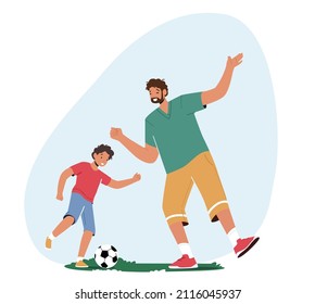 Feliz personaje familiar, padre e hijo jugando fútbol en el campo. Papá con niño pequeño pasa tiempo juntos, divirtiéndose, haciendo deporte y actividades al aire libre. ... Ilustración de vectores de personas de caricatura