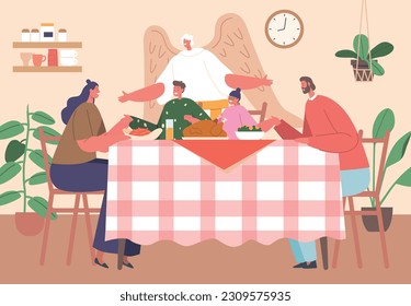 Happy Family Characters Gathered Around A Table, Offering Prayers Of Gratitude While An Angel Watches Over Them