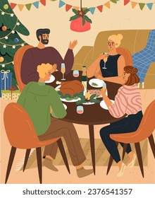 Happy family characters having festive dinner celebrating Christmas