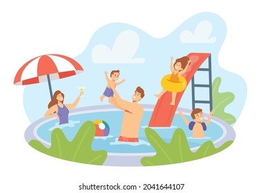 Happy Family Characters Having Rest in Swimming Pool. Mother, Father and Children Swim and Enjoy Recreation at Hotel, Vacation in Hot Tropical Country Resort. Cartoon People Vector Illustration