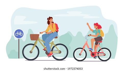 Happy Family Characters Healthy Lifestyle, Outdoors Sport Activity. Mother and Teenager Daughter Riding Bikes. Mom with Girl Walking for Picnic, Driving Track. Cartoon People Vector Illustration