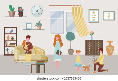 Happy family characters at home interior parents and their children in living room vector illustration. Family characters of father, mother, son and daughters, cats at home, happy people house.