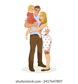 Happy family characters isolated on white background. Parents with child daughter embrace love. Support father and mother. Smiling couple husband and wife. Relationship concept. Vector illustration