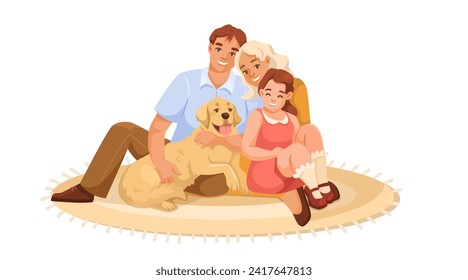 Felices personajes familiares aislados en fondo blanco. Los padres y los hijos abrazan al padre y a la madre sentados en la alfombra con la hija y la encantadora mascota de perro. Concepto de relación. Ilustración del vector