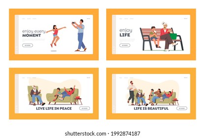 Happy Family Characters Landing Page Template Set. People Walking in Park, Girl Posing for Father, Granny and Boy Eat Ice Cream Sitting on Bench, Grandfather Tell Story. Cartoon Vector Illustration