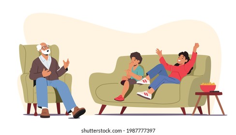 Happy Family Characters Laughing. Grandfather Telling Funny Stories to Children Spending Time Together with Positive Emotions and Good Mood. Granny and Kids Leisure. Cartoon People Vector Illustration