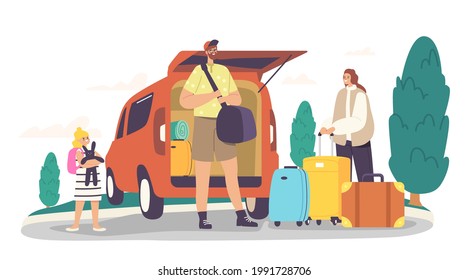 Happy Family Characters Loading Bags into Car Trunk Ready for Travel. Mother, Father and Excited Child with Luggage Leaving Home, Parents and Daughter Road Journey. Cartoon People Vector Illustration