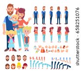 Happy Family Characters - mom, dad and children. Front, side, back view animated characters. Cartoon style, flat vector illustration.